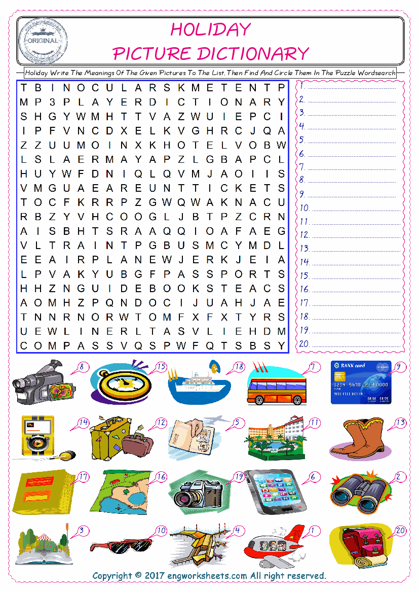  For kids, check the picture of Holiday find, and write the word and find it in the word puzzle ESL printable worksheet. 